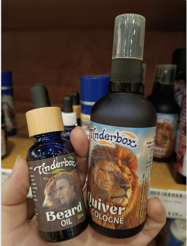 Tinderbox Beard Oil and Quiver Cologne bottles