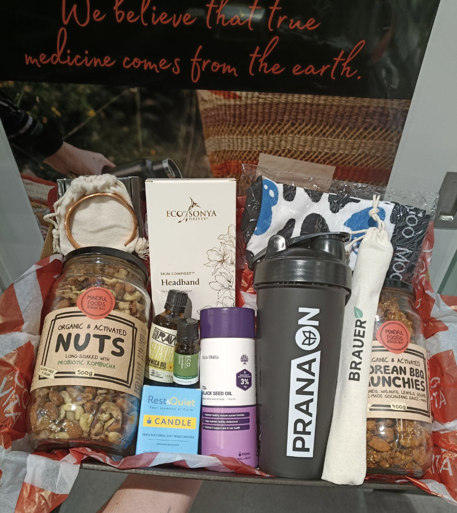 VIP giveaway hamper with Mindful Foods nuts, Eco by Sonya, PranaOn shaker and more