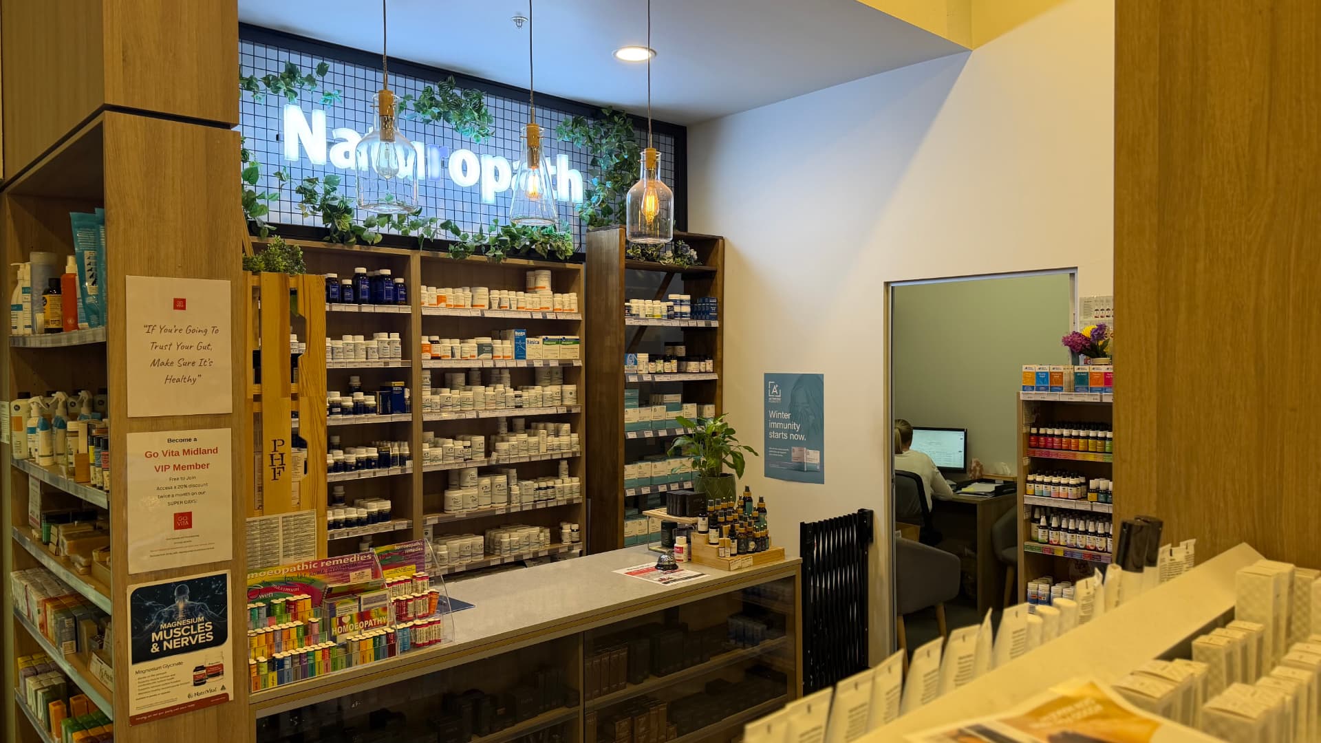 Go Vita Midland naturopath dispensary counter with practitioner supplements