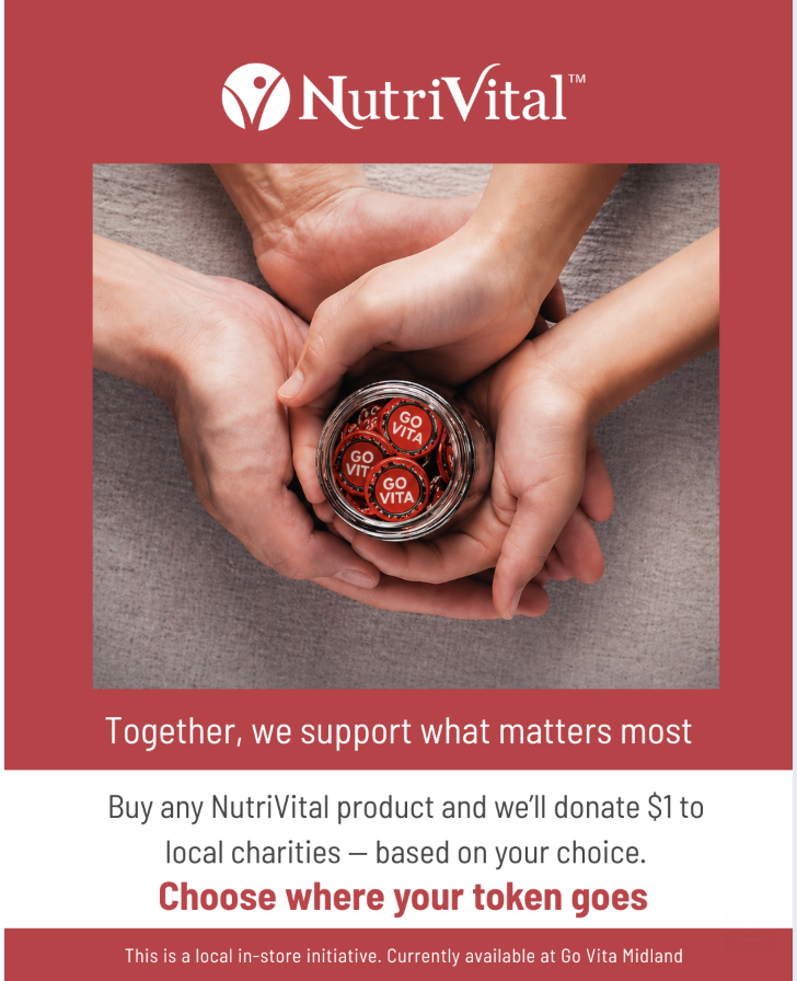 NutriVital community support initiative — hands holding a jar of Go Vita donation tokens
