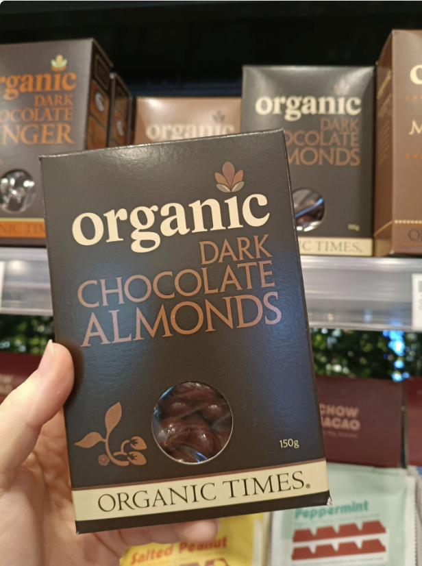 Organic Times dark chocolate coated almonds box