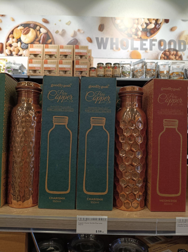 Goodly Gosh pure copper water bottles on the wholefoods shelf